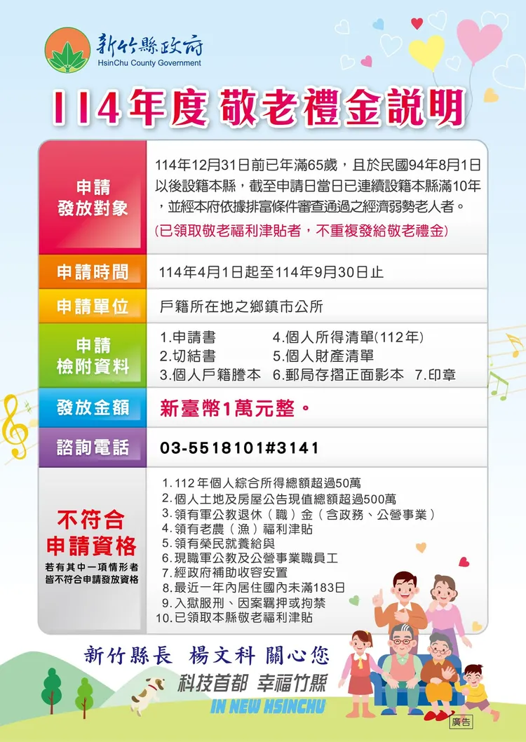 新竹縣敬老禮金相關說明。新竹縣政府提供