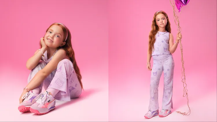 PUMA X HELLO KITTY童裝系列羅紋休閒背心980元、羅紋印花喇叭緊身褲1680元。品牌提供