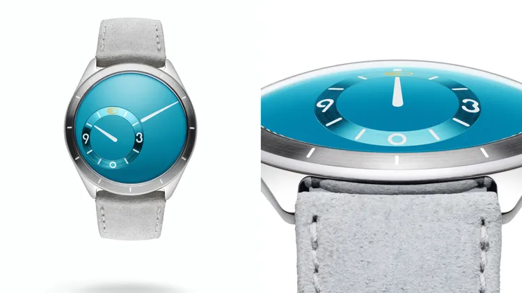 Ressence Type 9腕錶（清新水藍），39mm，五級鈦合金錶殼，五級鈦合金錶盤，柔軟小牛皮錶帶，專利 ROCS 9自動上鍊機芯，動力儲存36小時，防水深度10米，51萬元。品牌提供