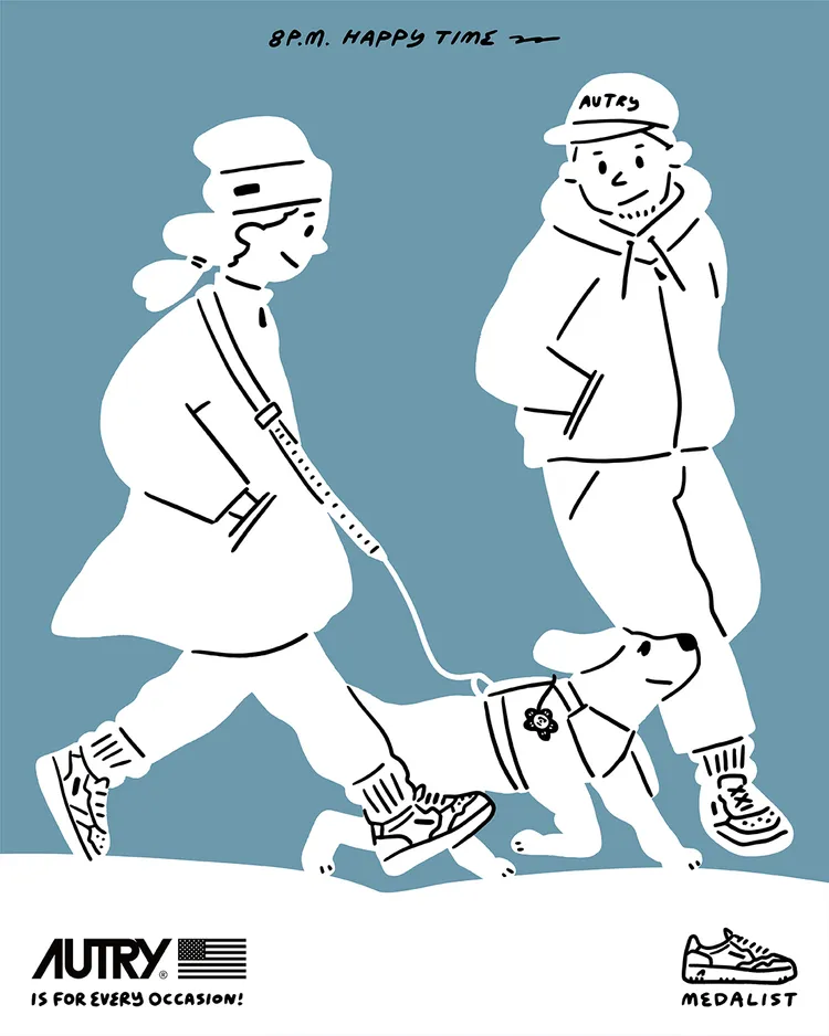 時尚情侶清晨遛狗時也能穿著AUTRY鞋款。品牌提供
