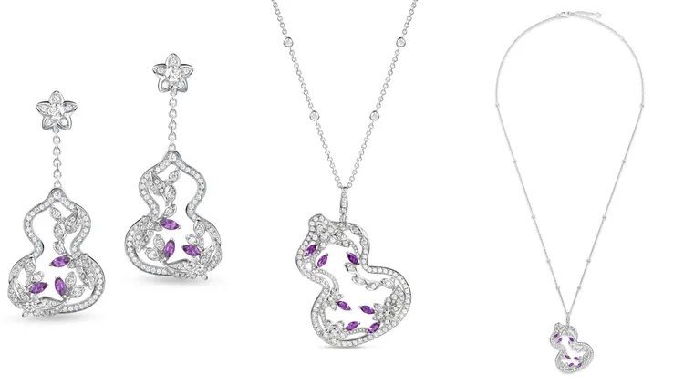 Qeelin推出Wulu Garden 18K 白金及紫水晶鑲鑽垂墜耳環、項鍊。品牌提供
