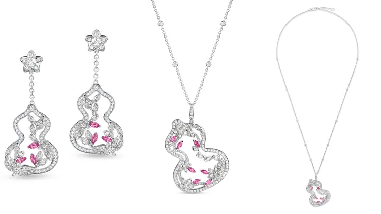 Qeelin推出Wulu Garden 18K 白金及粉紅藍寶石鑲鑽垂墜耳環、項鍊。品牌提供