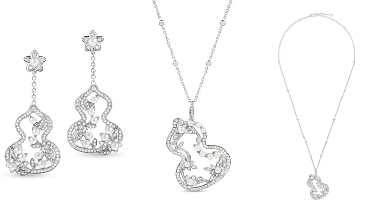 Qeelin推出Wulu Garden 18K白金及Akoya珍珠鑲鑽項鍊及耳環。品牌提供