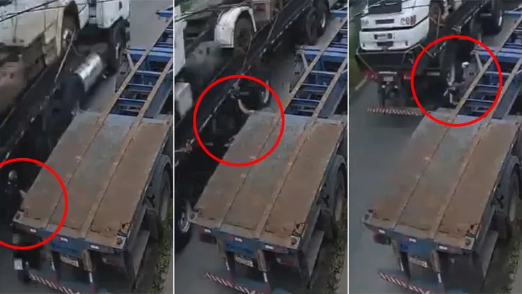 女騎士試圖從兩輛大車前車縫行駛，結果失去平衡被輾死。翻攝自X