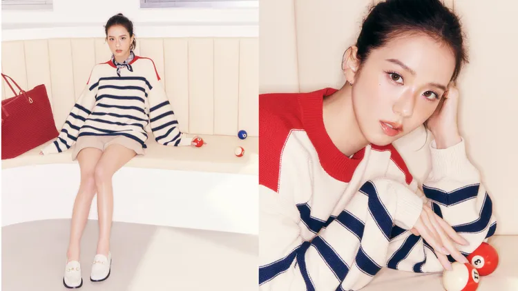 Jisoo身上的條紋毛衣以寬鬆版型呈現更顯自在。品牌提供