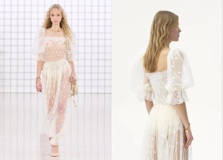 Jennie上身的Chloé造型，藉由刺繡薄紗、蕾絲細節、澎澎袖元素反映出浪漫女性魅力。品牌提供