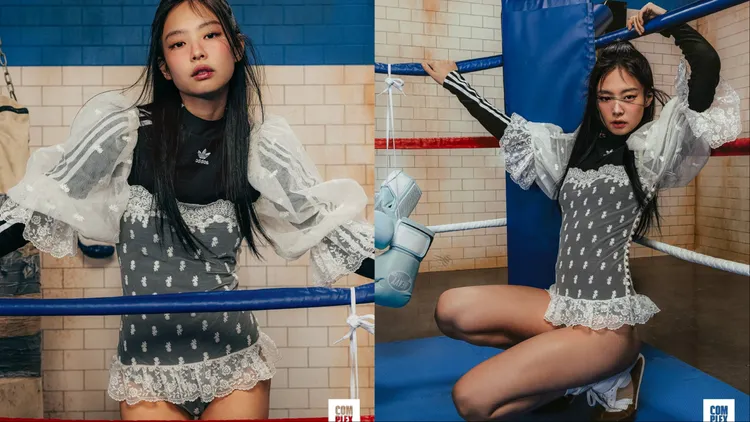 Jennie將Chloé蕾絲上衣與adidas的黑色貼身上衣混搭。翻攝oddatelier IG