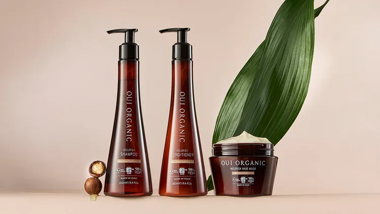 OUI ORGANIC堅果OMEGA柔順洗髮精250ml／780元、潤髮乳250ml／850元、護髮膜250ml／900元。品牌提供