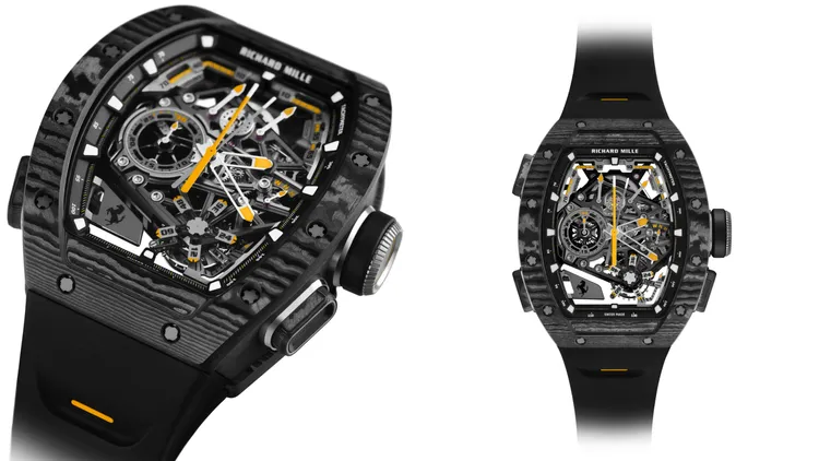 RICHARD MILLE RM 43-01 Ferrari陀飛輪雙秒追針計時碼錶，42.9*17.10*51.20mm，Carbon TPT碳纖維錶殼，五級鈦合金錶盤，RM43-01手動上鍊陀飛輪機芯，動力儲存70小時，防水深度30米。品牌提供