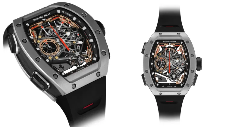 RICHARD MILLE RM 43-01 Ferrari陀飛輪雙秒追針計時碼錶，42.9*17.10*51.20mm，五級鈦合金錶殼，五級鈦合金錶盤，RM43-01手動上鍊陀飛輪機芯，動力儲存70小時，防水深度30米。品牌提供