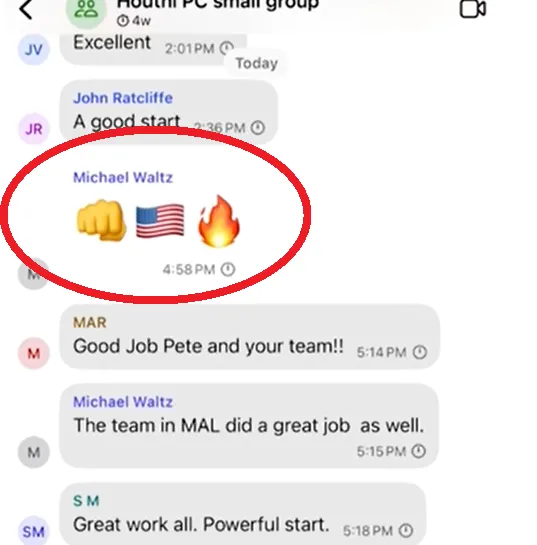瓦爾茲在群組對話中，使用「美國鐵拳、美國國旗，還有美國怒火」貼圖（紅圈），讓網友歪樓盛讚，好酷的貼圖。
