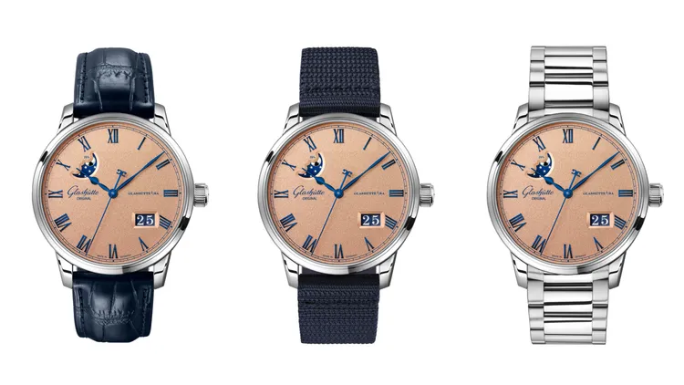 格拉蘇蒂原創議員卓越大日曆月相腕錶，40mm，精鋼錶殼，電鍍古銅金色顆粒紋錶盤，Calibre 36-24自動上鍊機芯，動力儲存100小時，鱷魚皮錶帶38萬元、尼龍編織錶帶38萬元、金屬鍊帶41萬4000元。品牌提供