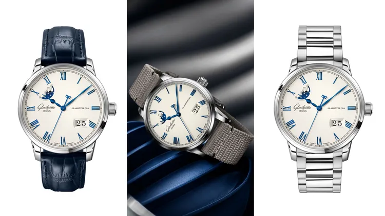 格拉蘇蒂原創議員卓越大日曆月相腕錶，40mm，精鋼錶殼，電鍍銀白色顆粒紋錶盤，Calibre 36-24自動上鍊機芯，動力儲存100小時，防水深度50米，鱷魚皮錶帶38萬元、尼龍編織錶帶38萬元、金屬鍊帶41萬4000元。品牌提供