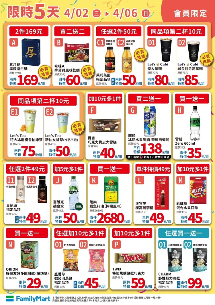 今（2日）至4月6日，推出限時5天會員限定活動。全家提供