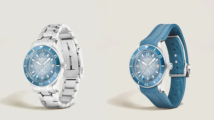 萬寶龍Iced Sea系列日期顯示自動零氧腕錶，38mm，無氧精鋼錶殼，藍色暈染冰川圖案錶盤，精鋼錶鍊/藍色橡膠錶帶，MB 24.17/SW200自動上鍊機械機芯，動力儲存38小時，防水深度300米。品牌提供