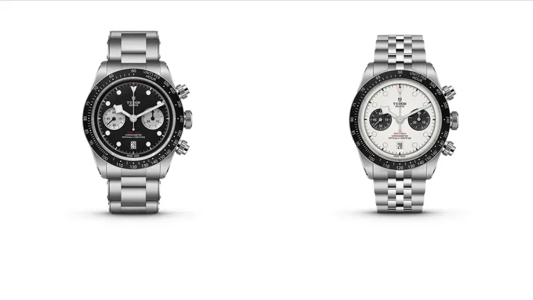 帝舵Black Bay Chrono腕錶，41mm，磨光及磨砂316L不鏽鋼錶殼，黑色/圓拱形蛋白色錶盤，三鍊節「鉚釘式」316L不鏽鋼錶帶/五鍊節「鉚釘式」316L不鏽鋼錶帶，原廠機芯MT5813型，防水深度200米，（左）18萬6000元、（右）18萬9500元。品牌提供