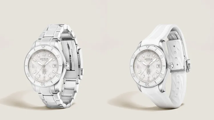 萬寶龍Iced Sea系列日期顯示自動零氧腕錶，38mm，無氧精鋼錶殼，白色冰川圖案錶盤，精鋼錶鍊/白色橡膠錶帶，MB 24.17/SW200自動上鍊機械機芯，動力儲存38小時，防水深度300米。品牌提供