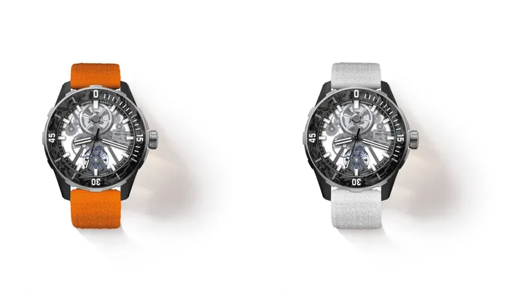 雅典DIVER [AIR]腕錶，44mm鈦金屬和碳纖維錶殼，鏤空錶盤，橙色/白色彈性織物錶帶，全新品牌自製UN-374鏤空自動上鍊機芯，防水深度200米。品牌提供