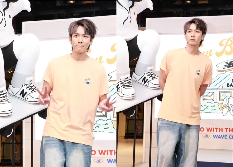 柯震東換上橘T恤、寬版復古牛仔褲、海鹽色1000鞋款穿出潮男風格。攝影中心攝