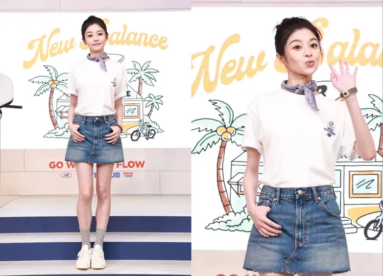 詹子萱以白色T恤搭配牛仔短裙展現活力樣貌。攝影中心攝