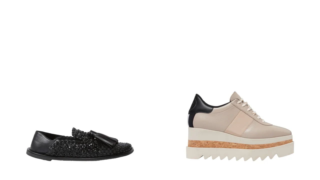 Stella McCartney Ryder黑色编织流苏乐福鞋(左)4万3400元、Sneak-Elyse米色厚底运动鞋(右)2万8500元。品牌提供