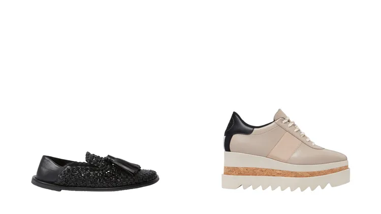 Stella McCartney Ryder黑色編織流蘇樂福鞋（左）4萬3400元、Sneak-Elyse米色厚底運動鞋（右）2萬8500元。品牌提供
