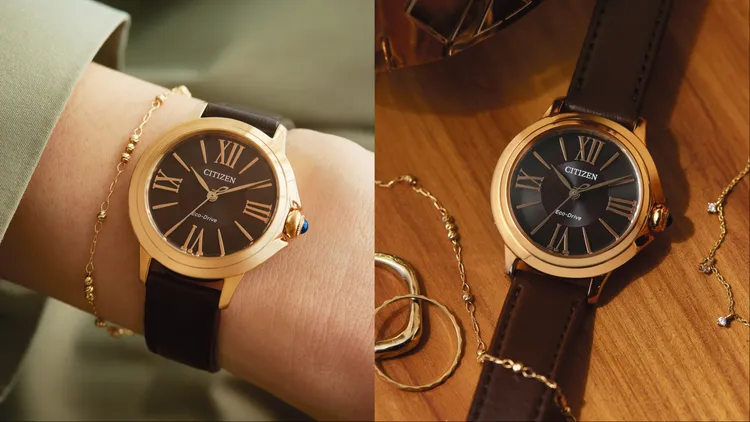 EM1163-09X以沉穩咖啡色錶盤搭配玫瑰金色錶殼，更增溫潤氣息。品牌提供