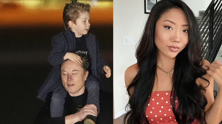 馬斯克揹著兒子 X Æ A-Xii（左圖，美聯社），華裔美女網紅方蒂芬妮（右圖，翻攝Instagram@Tiffany Fong）則澄清，沒有主動對外放消息。