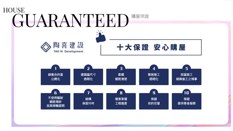 陶喜建設規劃有10大購屋保證。陶喜建設提供