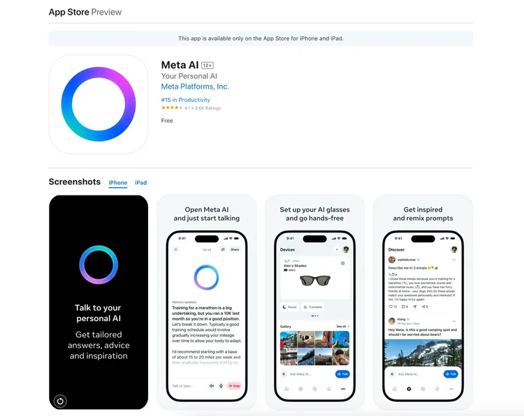 Meta AI App率先在美加地區開放。翻攝App Store