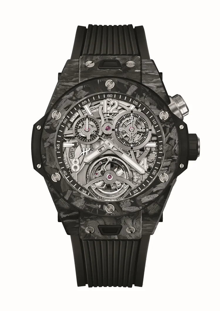 BIG BANG霜化碳纖維大教堂三問腕錶，45mm，冰霜碳纖維錶殼，藍寶石水晶錶盤，黑色立體橡膠錶帶，HUB8110自製手動上鍊機芯，動力儲存72小時，防水深度30米。品牌提供