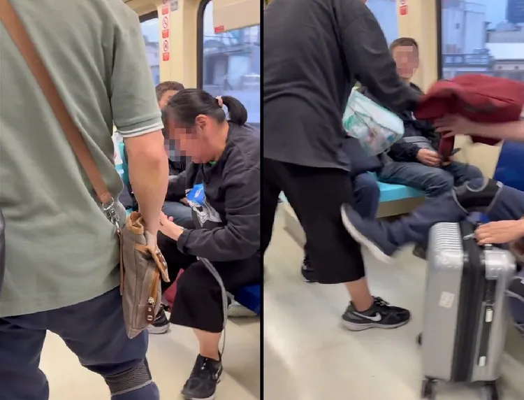 婦人與推行李箱的男子為搶博愛座，在車廂內上演全武行。翻攝自Threads
