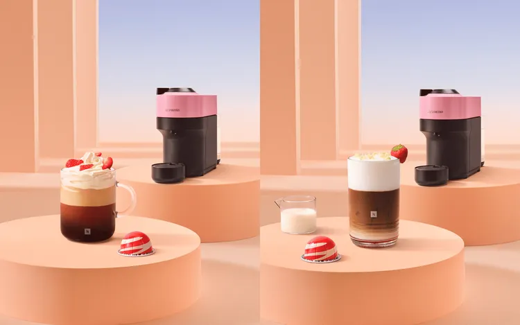 Nespresso 白巧克力草莓風味專屬春日特調：「春日莓好維也納咖啡」、「莓你不行冰拿鐵」。業者提供