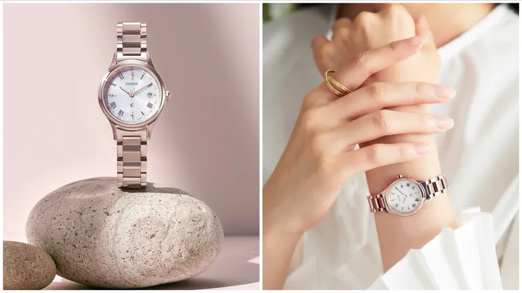 xC輕奢光ES9497-96，27mm，櫻花粉紅金鈦金屬錶殼&錶帶，光動能，防水深度50米，3萬2900元。品牌提供