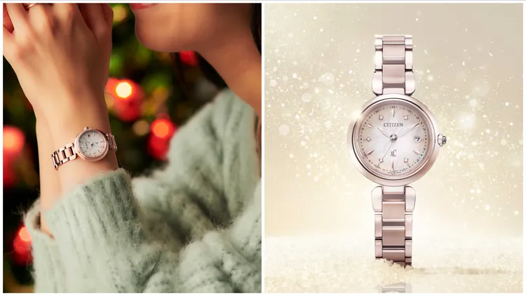 xC水耀光雪花鑽石限量腕錶ES9467-71Y，29mm，櫻花粉紅金鈦金屬錶殼，白蝶貝錶盤，櫻花粉紅金鈦金屬錶帶，光動能，防水深度50米，3萬9900元。品牌提供