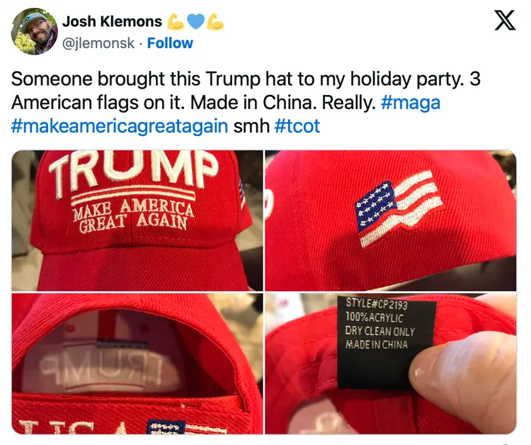 有網友分享川普的MAGA紅帽有「中國製造」的字樣標籤。