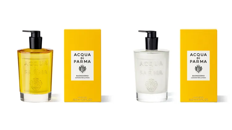 帕爾瑪之水早安洗手乳（左）330ml／3300元、早安護手乳330ml／3600元。