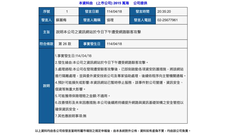 萬海航運透過重訊針對遭駭事件進行說明。翻攝公開資訊觀測站