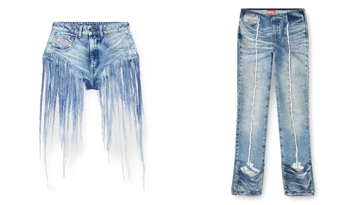 單寧流蘇短褲（左）2萬4500元、手工流蘇牛仔褲 推薦價35,000。品牌提供