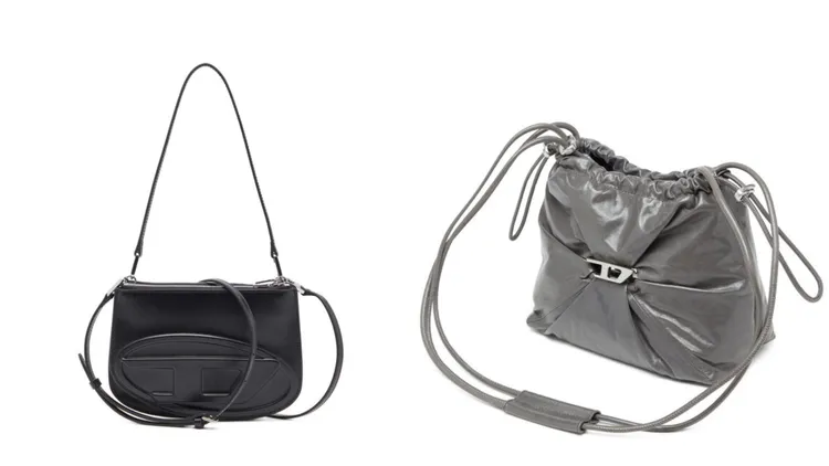 Diesel 1DR TWIN黑色肩背包（左）2萬2000元、褶皺皮革水桶包（右）2萬2500元。品牌提供