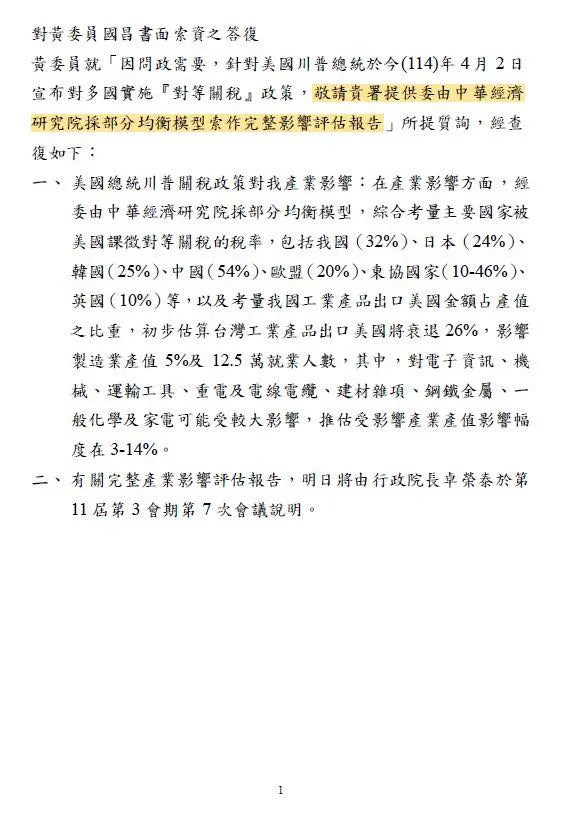 經濟部向黃國昌提供評估報告，只有一張A4紙。翻攝自黃國昌臉書
