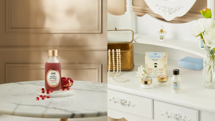 SABON石榴保濕亮髮醋（左）190ml／1280元、SABON植系髮肌三部曲體驗禮盒（右）1280元。品牌提供