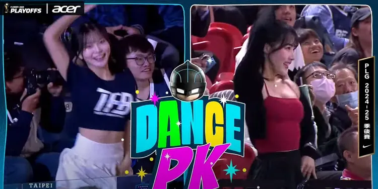Mingo（右）超低胸大跳32撞，瞬間輾壓另一邊的富邦啦啦隊。翻攝自PLG YT