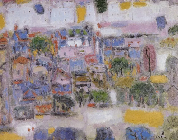 台灣戰後第一代女性藝術家鍾桂英的作品《村》。擷取自桃園網路美術館