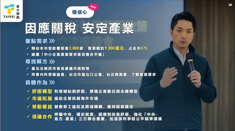 美國總統宣布對等關稅政策實施90天暫緩期，蔣萬安提具體因應對策。台北市政府提供