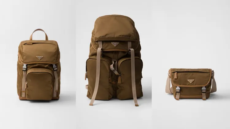 PRADA Re-Nylon系列（左起）後背包9萬1000元、後背包價格店洽、 郵差包價格店洽。品牌提供