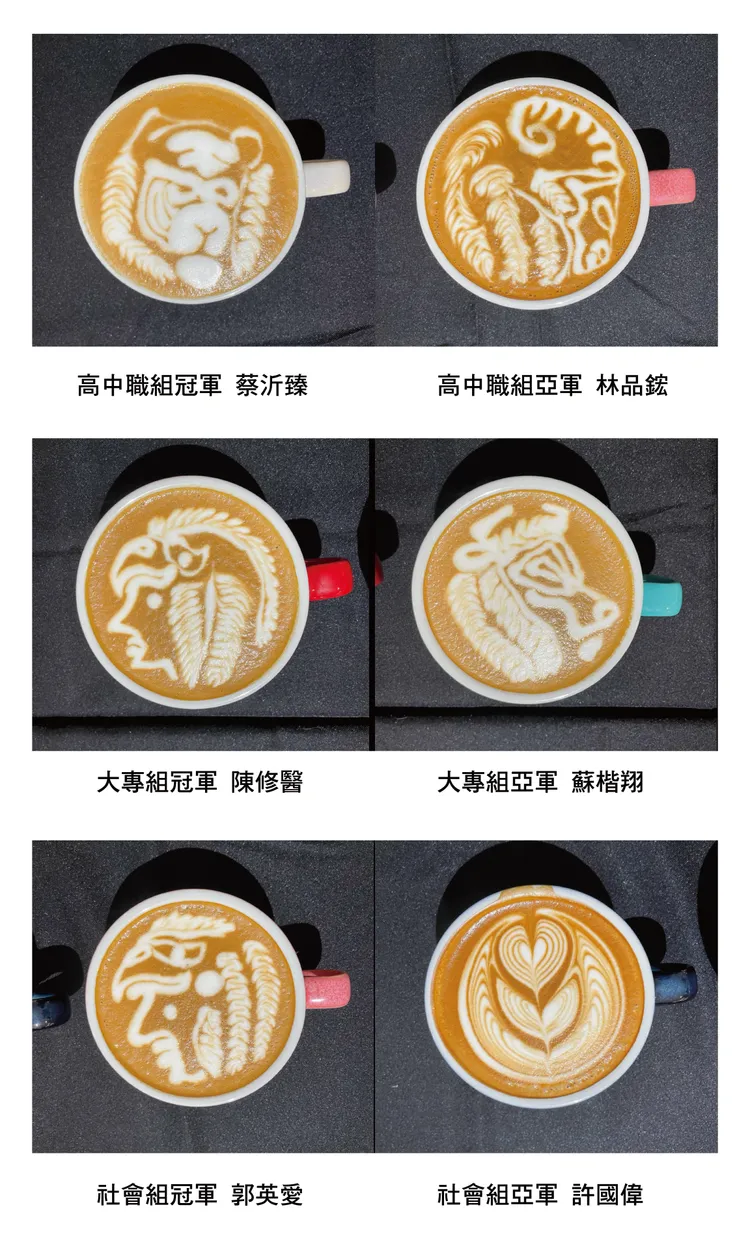 咖啡拉花各組冠亞軍作品。勞工局提供