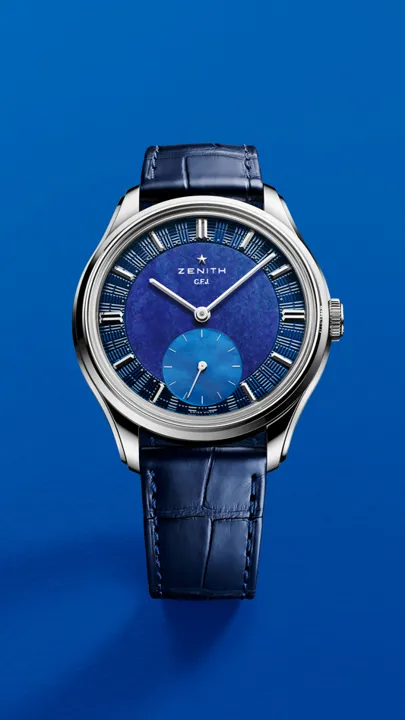 ZENITH G.F.J.腕錶，39.15mm，950鉑金錶殼，青金石錶盤，深藍色鱷魚皮錶帶/黑色小牛皮錶帶/藍色Saffiano十字壓紋小牛皮錶帶，135手動上鍊機芯，動力儲存72小時，防水深度50米，全球限量160只，177萬9800元。品牌提供