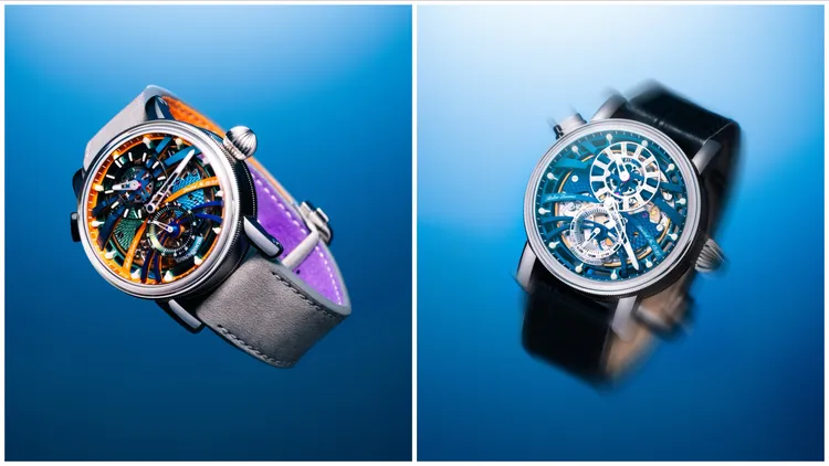 瑞寶Q-Repeater腕錶，42mm，五級鈦金屬錶殼，多層次鏤空錶盤，灰色Nubuk小牛皮/藍色小牛皮錶帶，瑞寶自製自動上鍊機芯C. 126，動力儲存35小時，防水深度30米，各限量25只。品牌提供