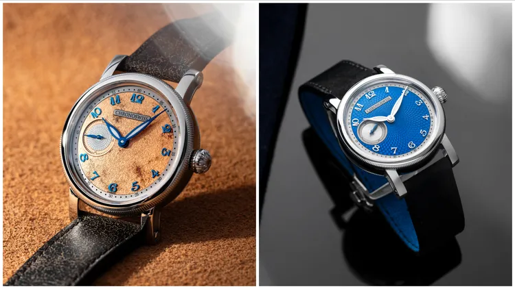 瑞寶Small Second腕錶，40mm，實心17件式不鏽鋼錶殼，手工機刻雕花錶盤，飛行員風格小牛皮/黑色小牛皮錶帶，瑞寶自製自動上鍊機芯 C. 6000，動力儲存55小時，防水深度30米。品牌提供